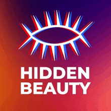 a logo for hidden beauty with a 3d eye on a purple background .