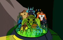 a group of ben 10 characters are gathered around a green object