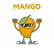 a cartoon drawing of a mango wearing sunglasses and sneakers