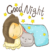 a cartoon of a girl sleeping with a cat under a blanket with the words good night written above her