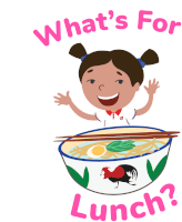 a cartoon of a girl with a bowl of food and the words " what 's for lunch "