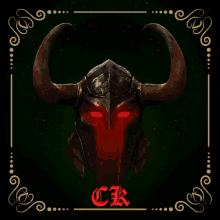 a picture of a knight 's helmet with red eyes and the letter c on it