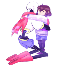 a girl is hugging a skeleton with a red scarf around his neck