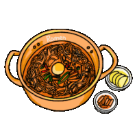 a cartoon drawing of a bowl of ramen with noodles and eggs