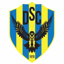 a blue and yellow striped shield with the letters dsc and a bird on it