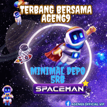 an advertisement for agen69 official vip shows a spaceman flying through space