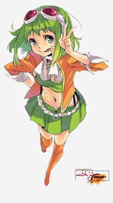 a drawing of a girl with green hair and a peace sign