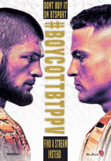 a poster of two men looking at each other with the words " dont buy it on btsport #boycottbppv "