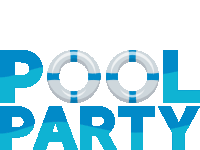 a pool party logo with a life preserver in the letters