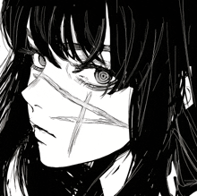 a black and white drawing of a girl with a cross on her face