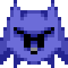 a pixel art drawing of a blue monster with a black face .