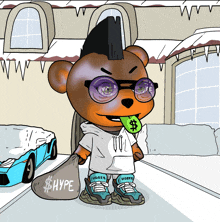 a cartoon bear holding a bag that says hype on it