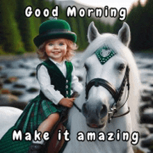 a little girl in a green dress is riding a white horse