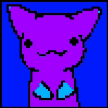 a pixel art drawing of a purple cat with blue paws on a blue background .