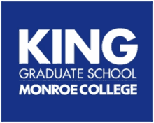 the logo for king graduate school monroe college is blue and white