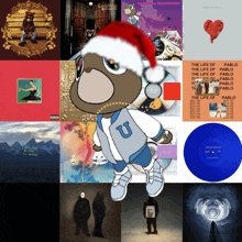 a collage of kanye west 's album covers and a teddy bear wearing a santa hat