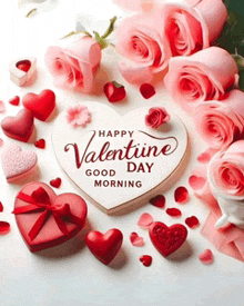 a happy valentine 's day good morning card with pink roses , hearts , and a heart shaped cookie