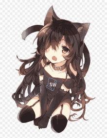 a girl with cat ears is wearing a black shirt that says sw