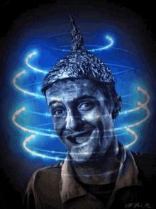 a painting of a man wearing a tin foil hat with a blue background