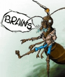 a drawing of an ant with a speech bubble that says brains .