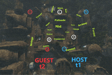 a map of a game with the words guest t2 host t1 on it