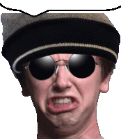 a man wearing a beanie and sunglasses makes a funny face