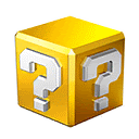 a yellow cube with two white question marks on it .