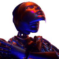 a statue of a woman 's face is glowing in blue and red