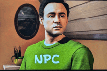 a man wearing a green sweater with the word npc on it