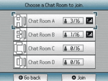 a choose a chat room to join screen shows a chat room a chat room b chat room c and chat room d