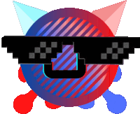 a pixel art drawing of a cat wearing sunglasses with a red and blue background