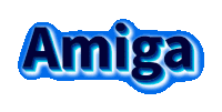 the word amiga is written in blue letters