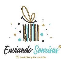 a logo for enviando sonrisas shows a gift box with a bow on it