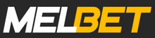 a yellow and white logo for melbet on a dark background