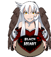 a girl with wings is holding a black heart that says black heart on it