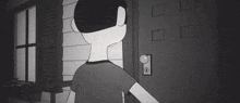 a black and white cartoon of a boy entering a doorway .