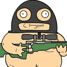 a cartoon character wearing a mask is holding a rifle