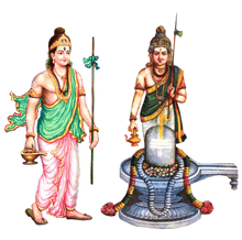 a painting of a man standing next to a shiva statue