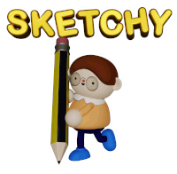 a cartoon character is holding a large pencil and the word sketchy is above him