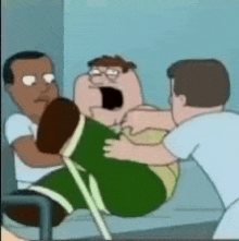 peter griffin is being carried by two men in a hospital bed