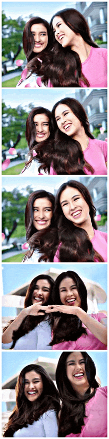 a collage of photos of two women with long hair