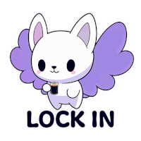 a sticker of a cat with wings holding a cup of coffee that says lock in