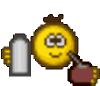 a pixel art of a smiley face holding a can of beer