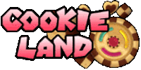 the logo for cookie land shows a cookie with a heart on it