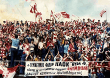 a crowd of people holding up flags and a banner that says paok