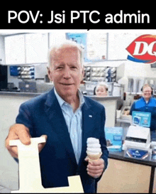 a man in a suit is holding an ice cream cone in front of a dq sign .