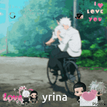 a couple of anime characters riding a bike with the name yrina on the bottom right