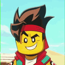 a close up of a cartoon character with a bandana on his head and a smile on his face .