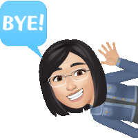 a cartoon woman with glasses and a speech bubble saying bye