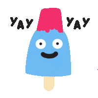 a blue popsicle with a face on it and the words yay yay